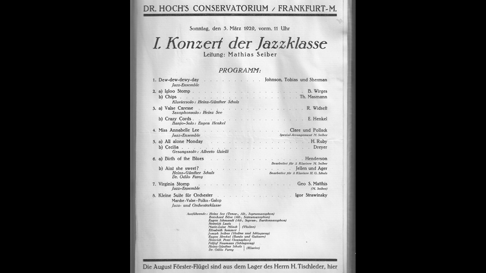 Concert programme for Hoch Conservatoire student jazz ensemble, 3 March 1929, credit—private collection of Julia Seiber-Boyd